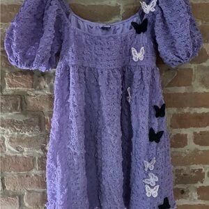 Purple Lilac Butterfly Puff-Sleeve Dress